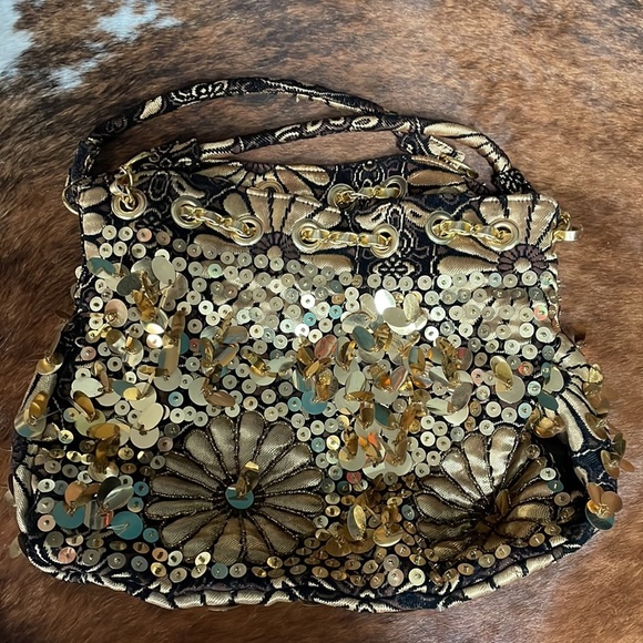Vintage Handbags - Vintage bag purse black with gold sequins from 80’s or 90’s hand bag